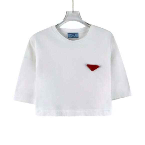 Prada White Triangle Logo Cotton Crewneck Short Sleeve T-Shirt - Picture 1 of 9